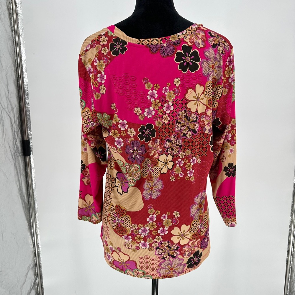 Johnny Was Yama Favorite 3/4 Sleeve V-Neck Swing Tee Floral Boho Pink Large - Picture 6 of 7